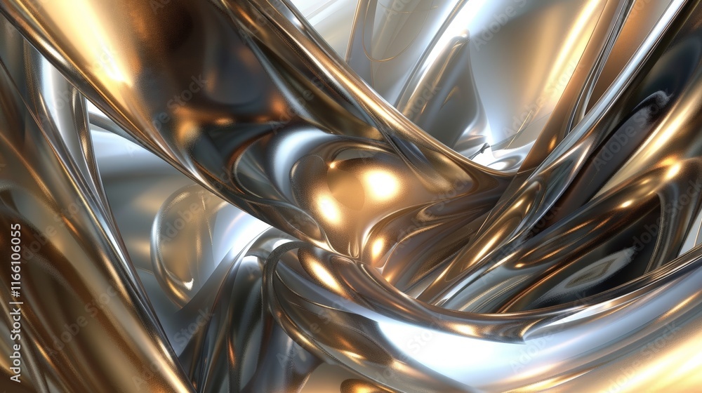 Poster golden and silver metallic shapes flow and intertwine, creating a dynamic and visually captivating a