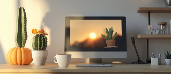 Sunset view on computer screen at home office desk with cactuses and coffee.