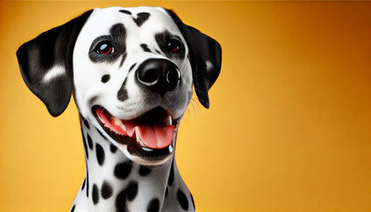 Dalmatian isolated on yellow background with copy space. Close up portrait of happy smiling dog face head looking at the camera. Banner for pet shop. Pet care and animals concept for poster, print ads