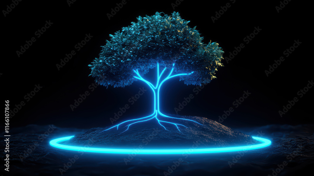 Poster glowing tree with neon roots on dark background