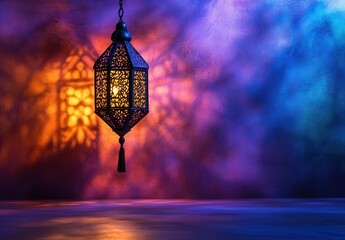 Elegant lantern casting colorful shadows on a textured background, showcasing intricate designs and vibrant hues of purple, orange, and blue in a serene atmosphere