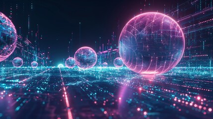 Pink and blue spheres are floating over a digital landscape, creating a futuristic scene with glowing particles and lines