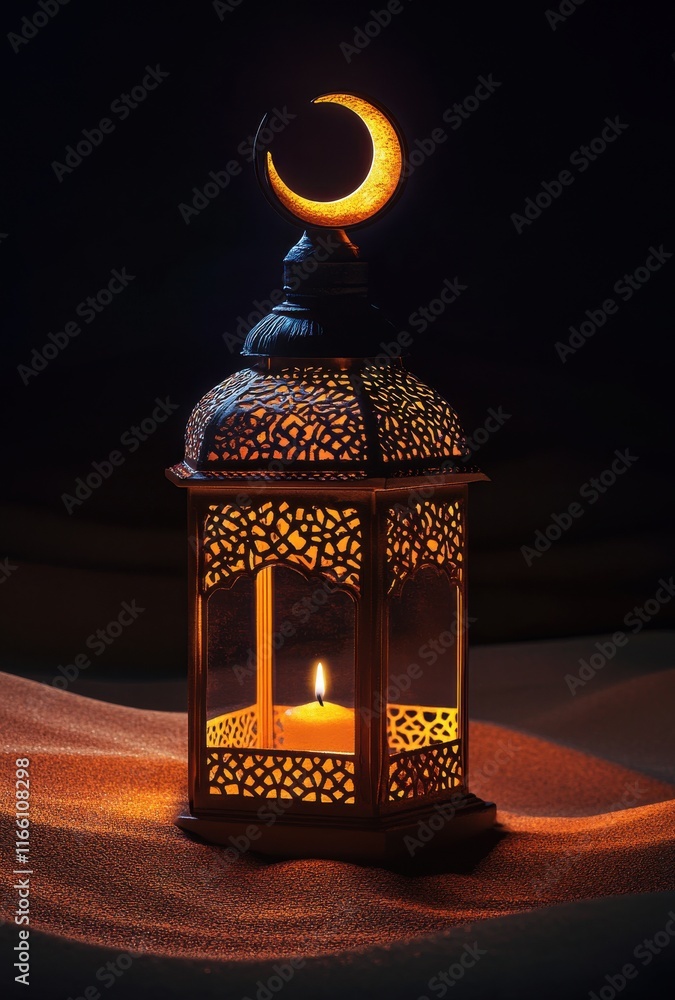 Poster Elegant Lantern with Crescent Moon Design Casting Warm Glow on Fine Sand in Dark Environment, Creating a Tranquil and Serene Atmosphere