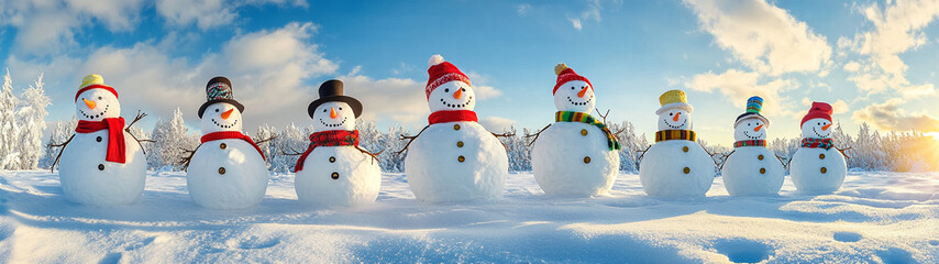 Obraz premium Row of Snowmen in Winter Landscape Under a Sunny Sky