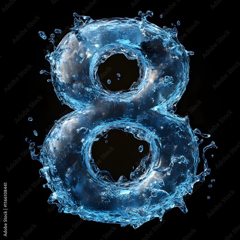 Poster number eight formed from splashing water on a black background with dynamic movement and clarity. ge