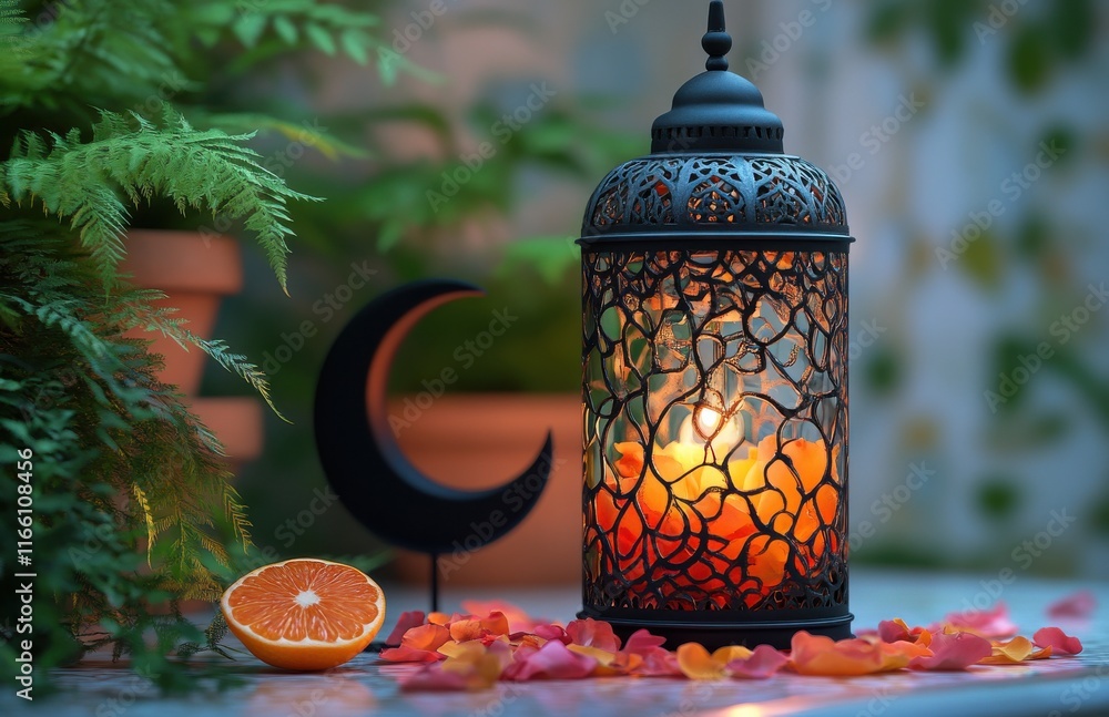 Poster elegant lantern with intricate pattern illuminating a cozy space surrounded by orange slices and col