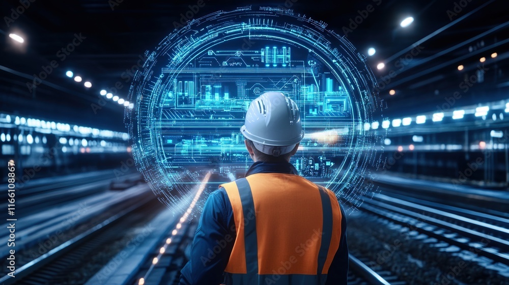 Poster a construction engineer wearing a hard hat and safety vest analyzes a glowing holographic display of