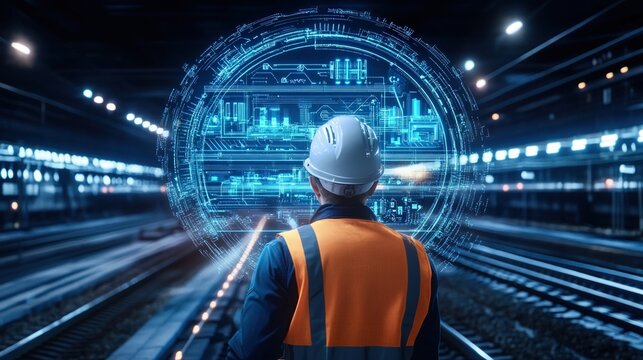 A construction engineer wearing a hard hat and safety vest analyzes a glowing holographic display of railway system data. The high-tech setting reflects modern infrastructure planning and innovation. 