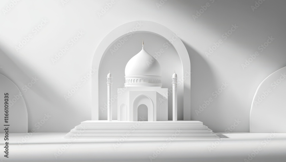 Aufkleber elegant minimalist white model of a historic monument with arched backdrop and soft light, perfect f