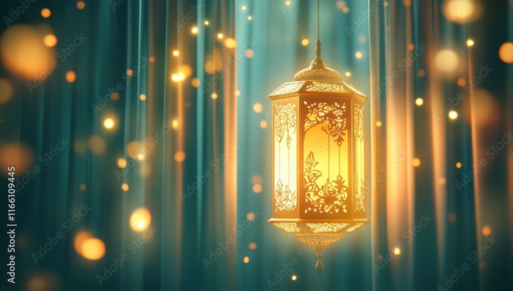 Poster elegant ornate lantern glowing softly with warm light, surrounded by floating golden bokeh, creating