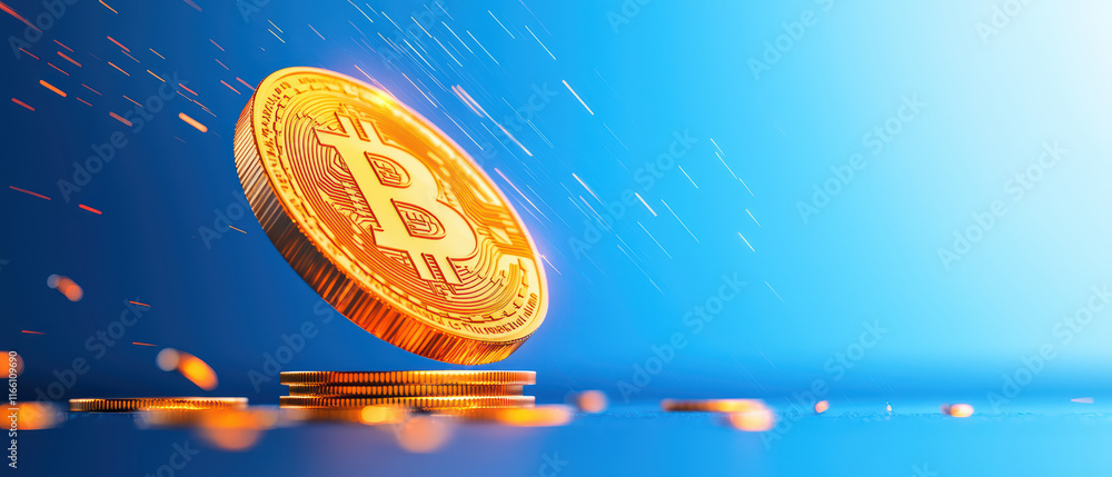 Poster digital coin floating with motion blur and glowing effect