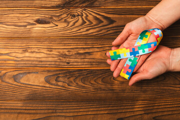Autism ribbon. Autism awareness day. World autism awareness day with puzzle pattern ribbon on...
