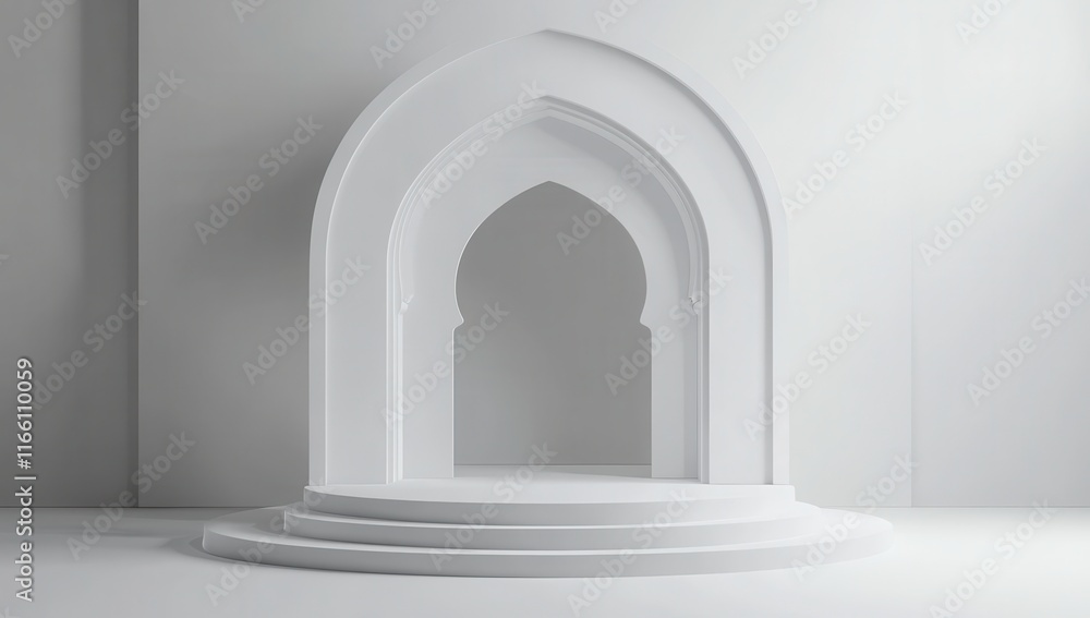 Poster Elegant White Architectural Archway with Steps in Minimalist Style Creating a Serene Ambiance for Artistic and Creative Background Designs