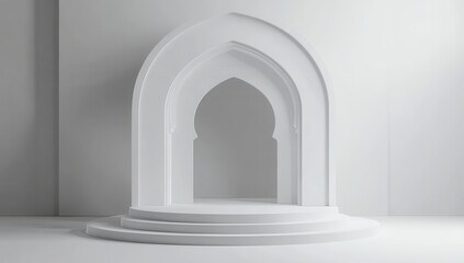 Fototapeta premium Elegant White Architectural Archway with Steps in Minimalist Style Creating a Serene Ambiance for Artistic and Creative Background Designs