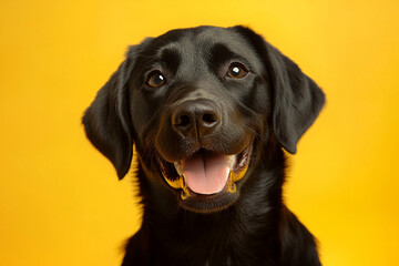 Dog pointer, labrador, retriever isolated on yellow background with copy space. Close up portrait of smiling dog puppy face head looking at the camera. Banner for petshop. Pet care and animals concept