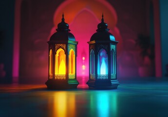 Fototapeta premium Enchanting Decorative Lanterns Illuminating a Colorful Background with Warm and Cool Tones in a Mystical Setting