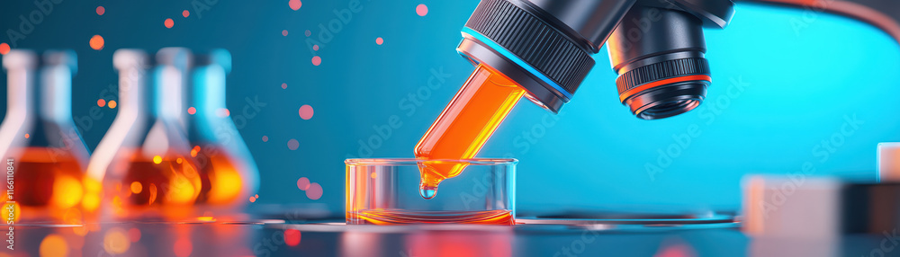 Poster close up of microscope with dropper and colorful liquids