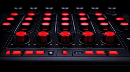 Close up of professional audio mixer with red knobs