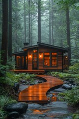Luminous cabin, forest path, misty woods.