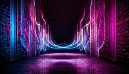 Korytarz oświetlony strumieniami kolorowego, neonowego światła. Nierealne, abstrakcyjne wnętrze w stylu sci-fi