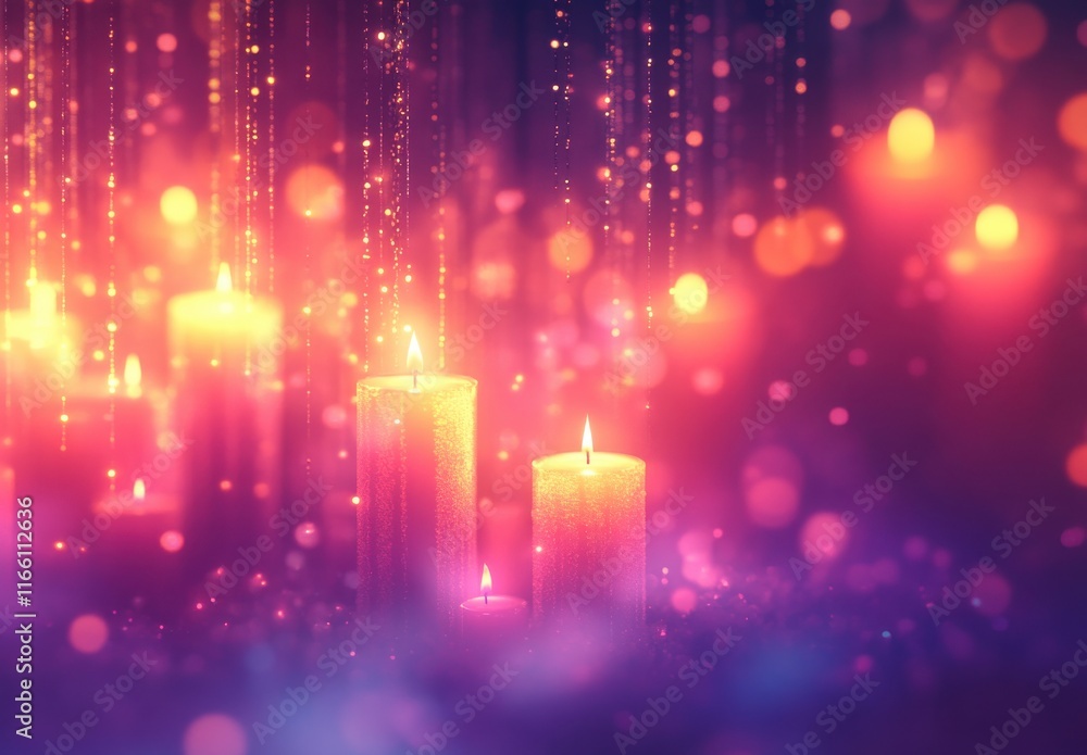 Poster glowing candles surrounded by soft colorful bokeh and sparkling light trails creating a magical atmo