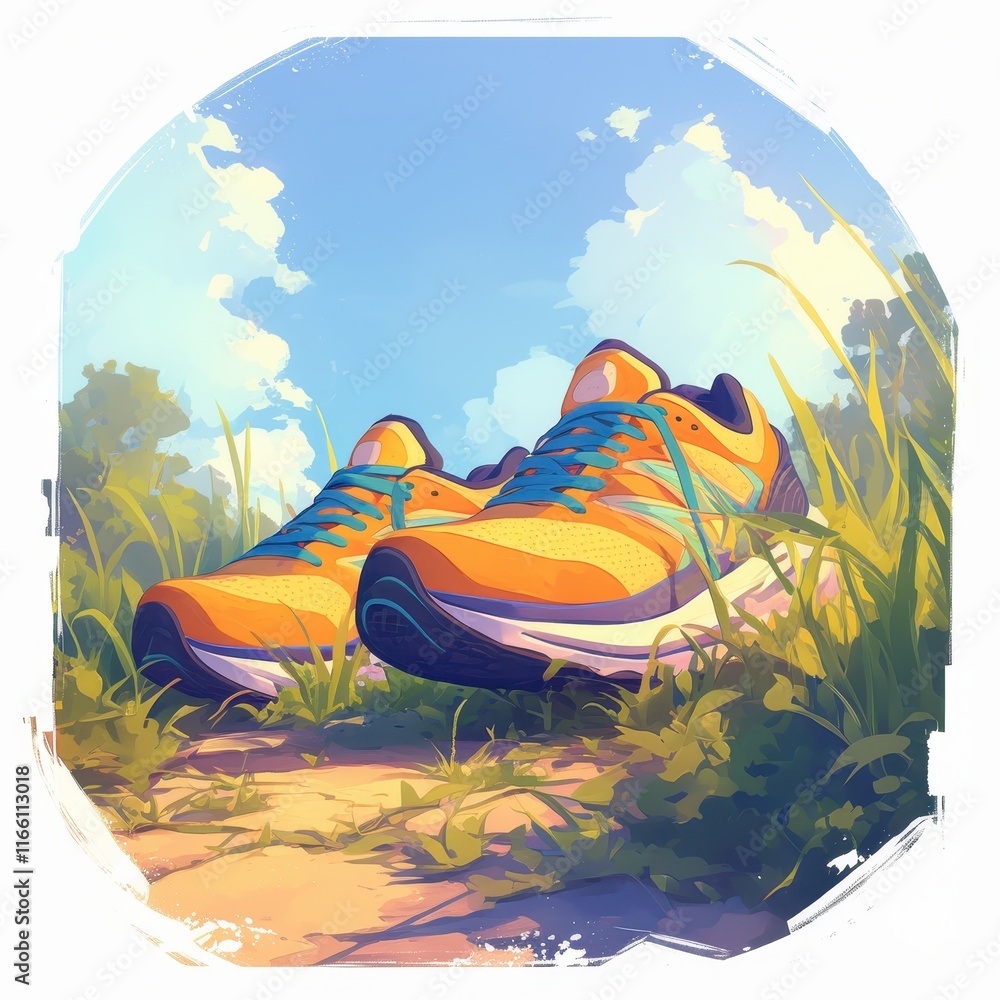 Poster a pair of bright orange running shoes resting on a path surrounded by grass.