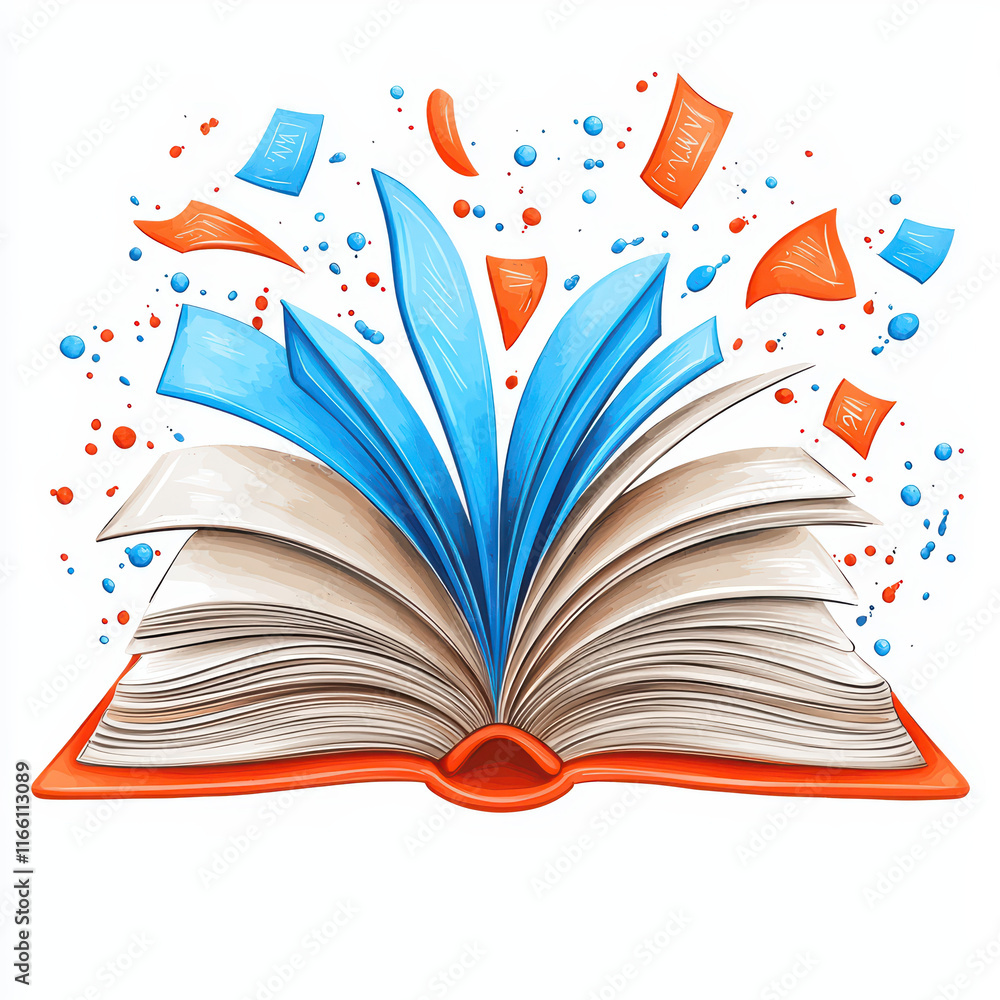 Poster vibrant open book with colorful pages and splashes