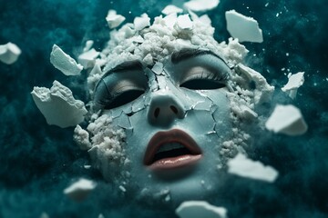 Naklejka premium A woman's face that crumbles and flies into pieces. Generative AI