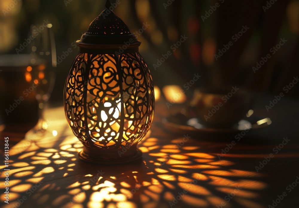 Poster intricate lantern casting warm light and shadows on a table with soft glow in a cozy atmosphere, evo