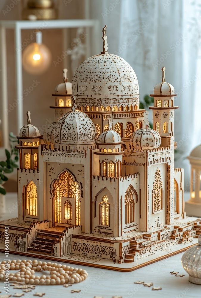 Poster intricate wooden model of historic monument with illuminated details and artistic design on table su