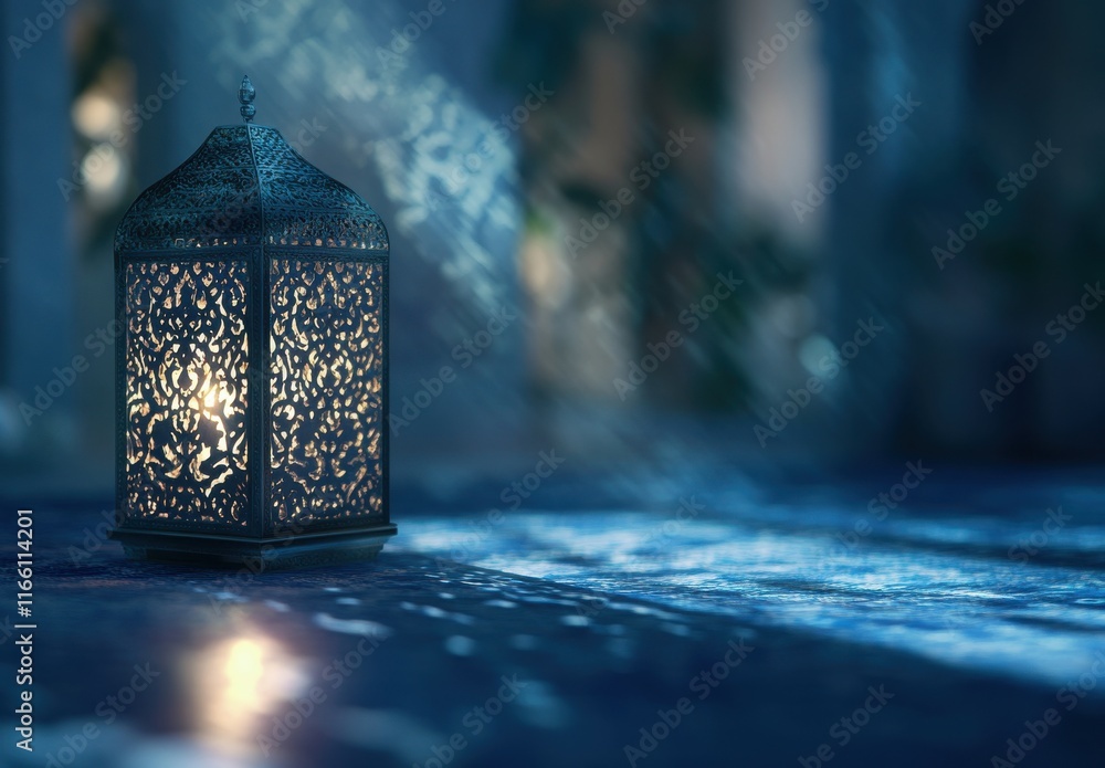 Poster intricately designed lantern casting soft light in a mystical setting with shadows and reflections o