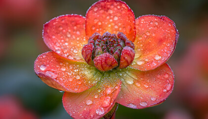 Vibrant coral flower with dew drops, close-up macro shot showcasing intricate details and textures.