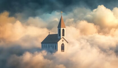 Fototapeta premium A small church in the clouds, set against a sky-blue background