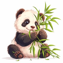 Obraz premium A cute panda sitting and enjoying bamboo leaves.
