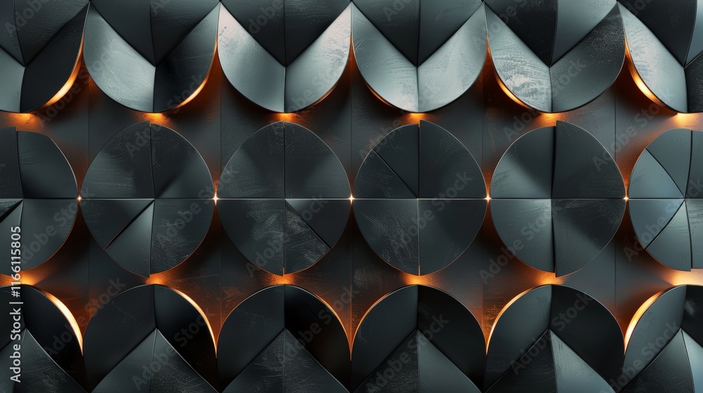 Poster intricate dark gray surface featuring overlapping circles and triangles, illuminated by warm orange 
