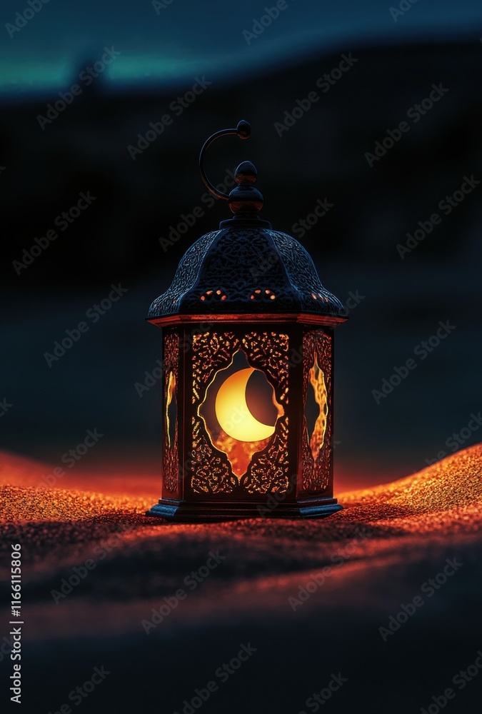 Poster ornate lantern illuminating desert sand at dusk with intricate cutouts and soft glow creating a magi
