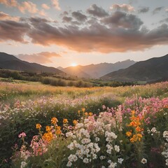 Sunset over a field of flowers with mountains