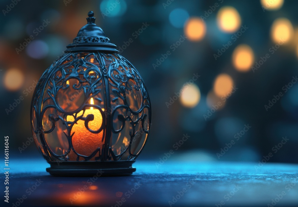 Poster ornate lantern with warm glow in soft focus setting creating a cozy atmosphere amidst blurry bokeh l