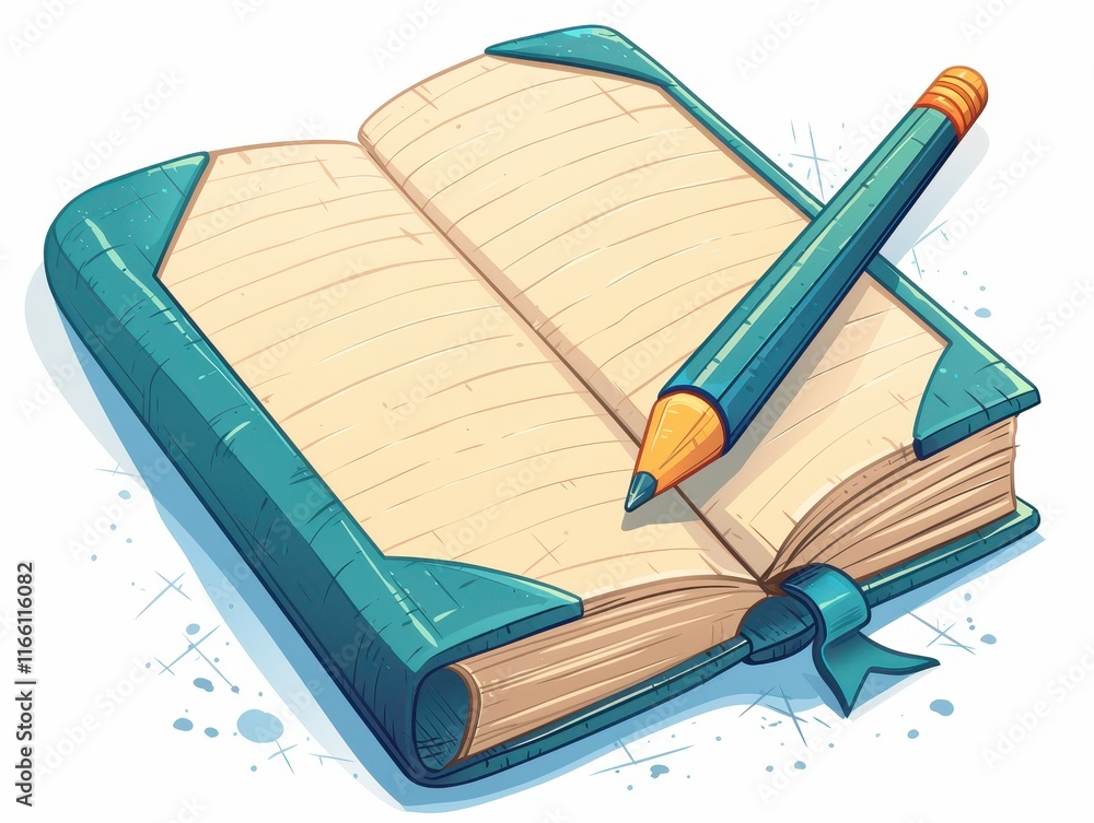 Poster an open notebook with a pen, ready for writing or note-taking.