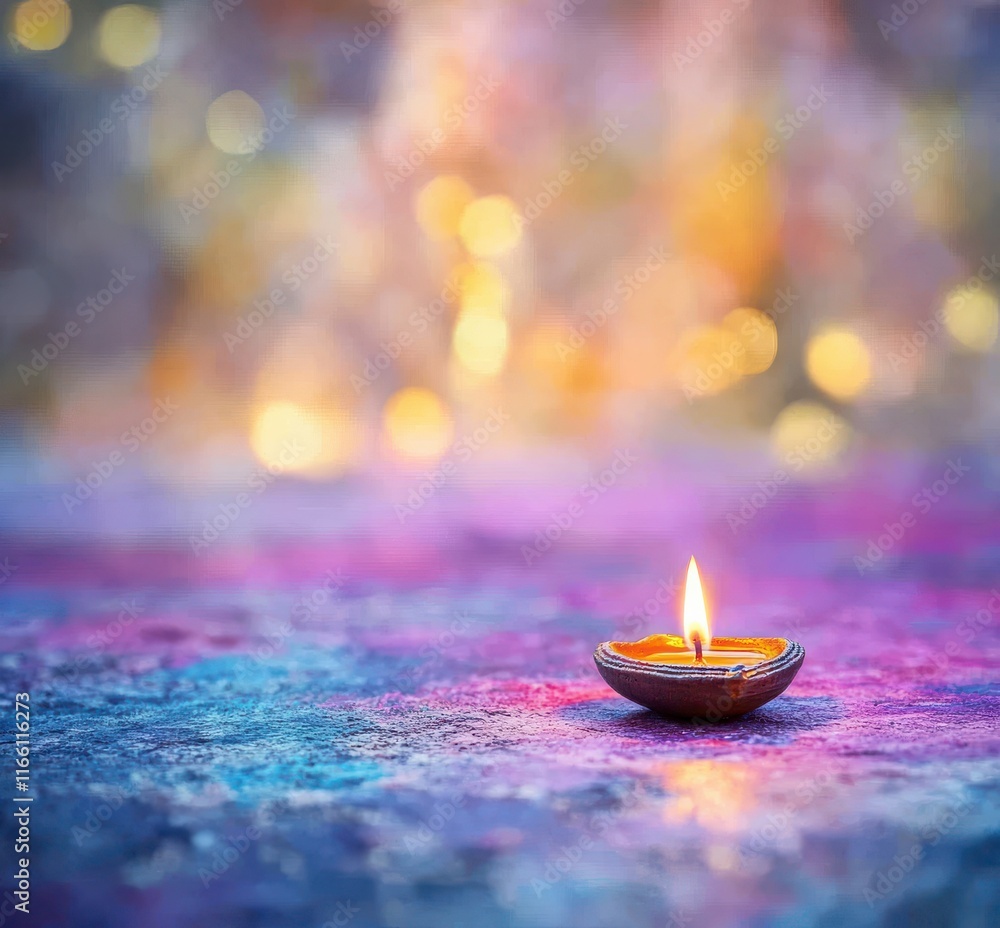 Poster peaceful candle flame illuminating a vibrant surface with colorful bokeh background, creating a sere