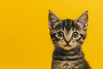 Tabby cat isolated on yellow background with copy space. Close up portrait of brown striped kitten with face head looking at the camera. Banner for pet shop. Pet care and animals concept for ads card