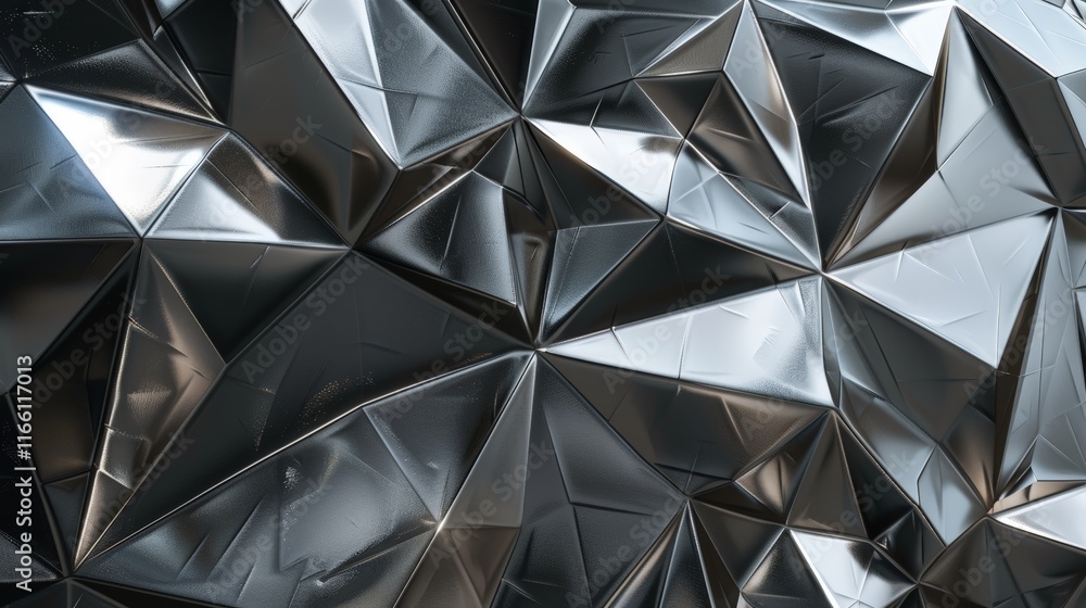 Poster metallic surface formed by triangular facets creating a geometric pattern and reflecting light, perf