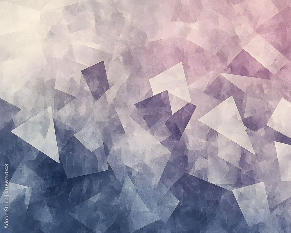 Poster abstract geometric background with overlapping triangles and squares in muted purple, grey, and beig