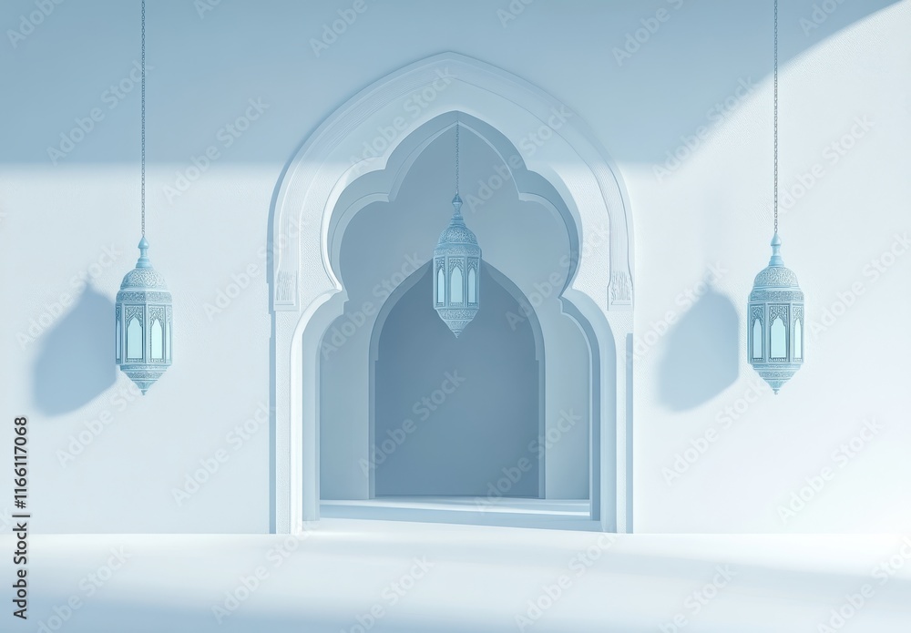 Aufkleber serene interior of a tranquil space featuring intricate arches and elegant lanterns casting soft lig