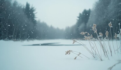 Serene Winter Landscape with Snow Falling Gently Over Frozen Lake and Grasses in Foreground, Evoking Calmness and Tranquility in a Snowy Environment