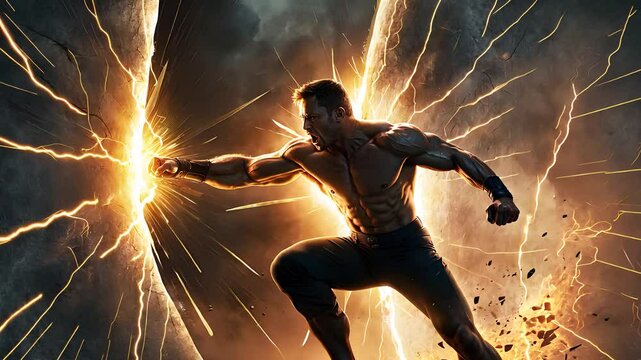 Powerful Superhero Harnessing Lightning in an Intense Action Pose with Dramatic Sparks and Energy Burst

