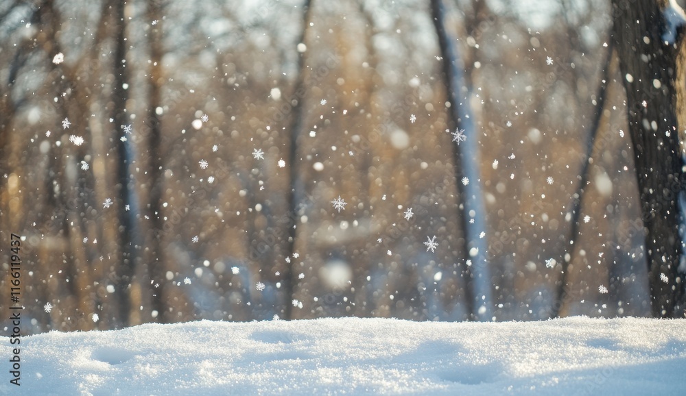 Poster serene winter scene with falling snowflakes in a magical forest setting, soft light and bokeh effect