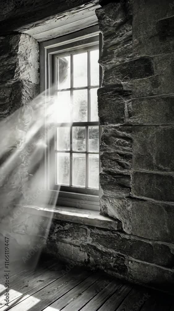 Poster light streams through an old stone window, creating a serene atmosphere in a historic setting