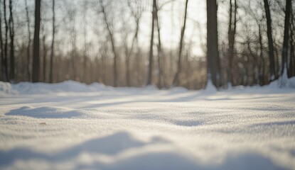 Fototapeta premium Serene Winter Landscape with Soft Snow Covering the Ground and Delicate Tree Silhouettes Glowing in the Gentle Morning Light of a Beautiful Nature Scene
