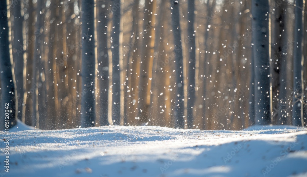 Poster softly falling snowflakes in a serene winter forest with sunlight peeking through the trees creating